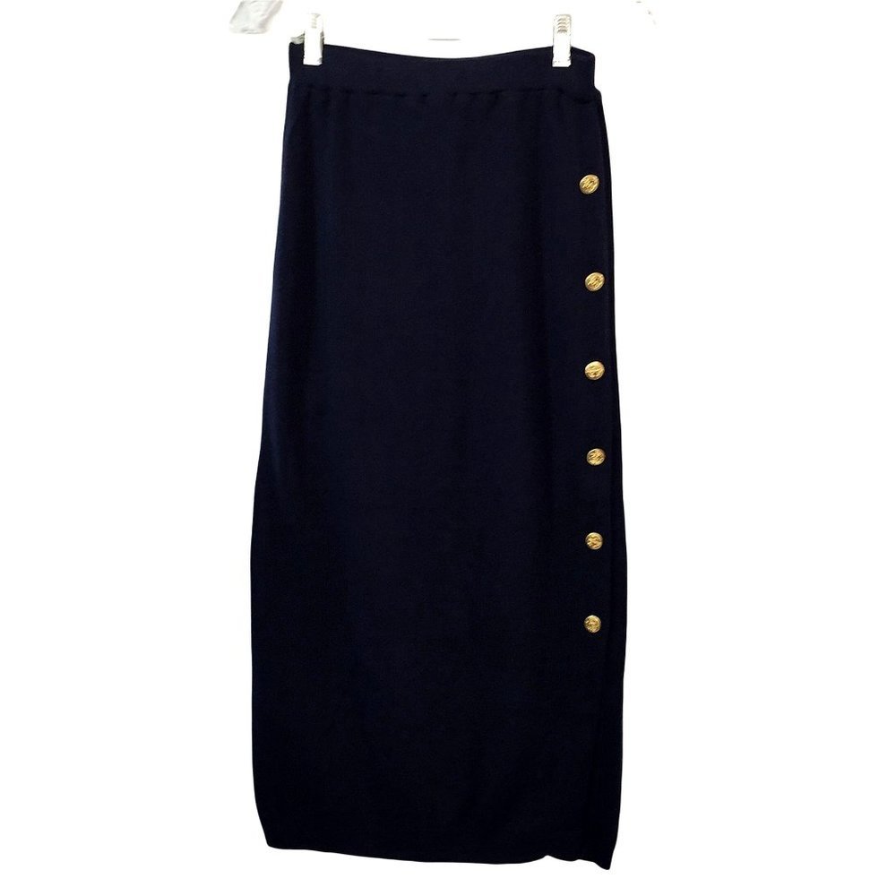 Vintage 80s Pencil Maxi Skirt Small Navy Stretch Elastic Waist Anchor Buttons US - Picture 5 of 8
